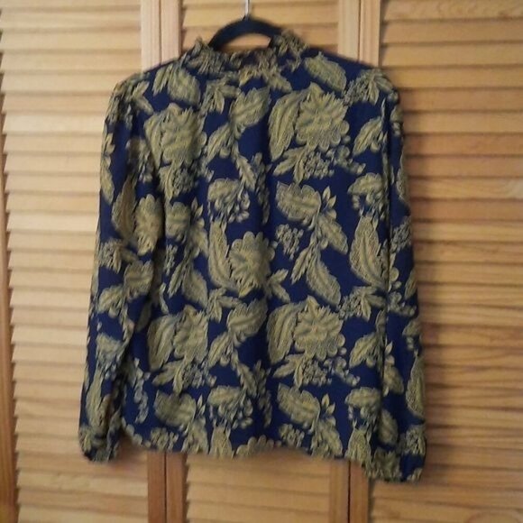 J.Crew Navy Tan Floral Print Ruffle Elastic Turtleneck Long Sleeve Size Small - Picture 2 of 9
